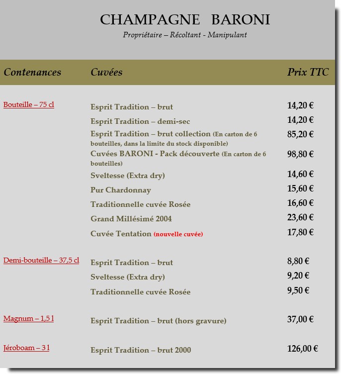 Tarifs champagnes